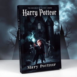 A chilling and realistic book cover for "Harry Potteur", depicting a dark, stormy night at an ancient, haunted castle