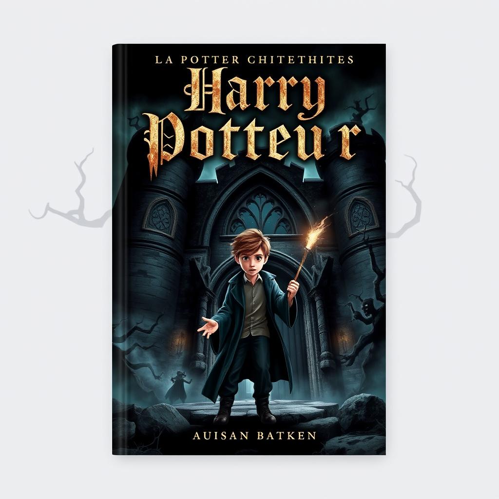 A chilling and realistic book cover for "Harry Potteur", depicting a dark, stormy night at an ancient, haunted castle