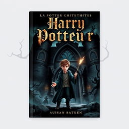 A chilling and realistic book cover for "Harry Potteur", depicting a dark, stormy night at an ancient, haunted castle