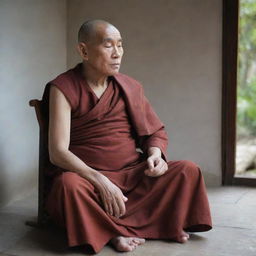 An elderly monk sitting in a meditative pose, unsupported by any chair, immersed in tranquility.