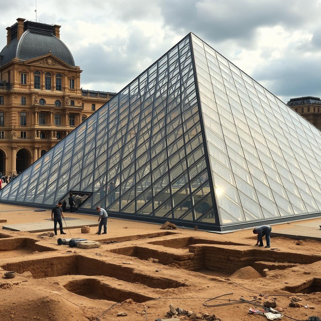 The Louvre Pyramid in Paris, surrounded by an active archaeological excavation