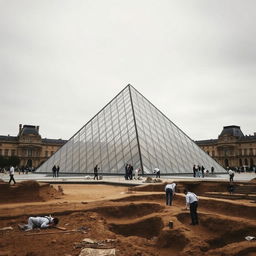 The Louvre Pyramid in Paris, surrounded by an active archaeological excavation