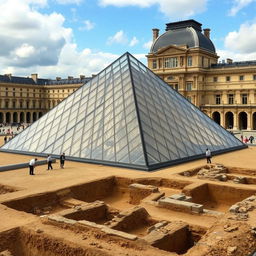 The Louvre Pyramid in Paris, surrounded by an active archaeological excavation