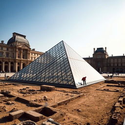 The Louvre Pyramid in Paris, surrounded by an active archaeological excavation