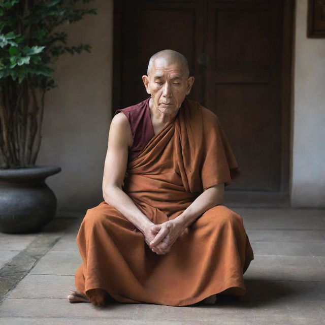 An elderly monk sitting in a meditative pose, unsupported by any chair, immersed in tranquility.