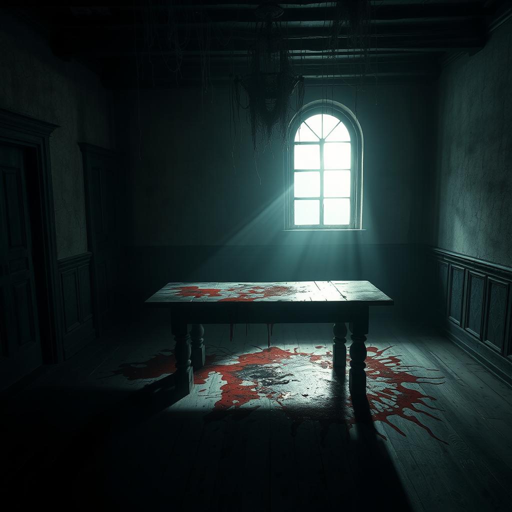 A mysterious house with a dark room dominated by an ancient wooden table at its center, illuminated by an unsettling glow