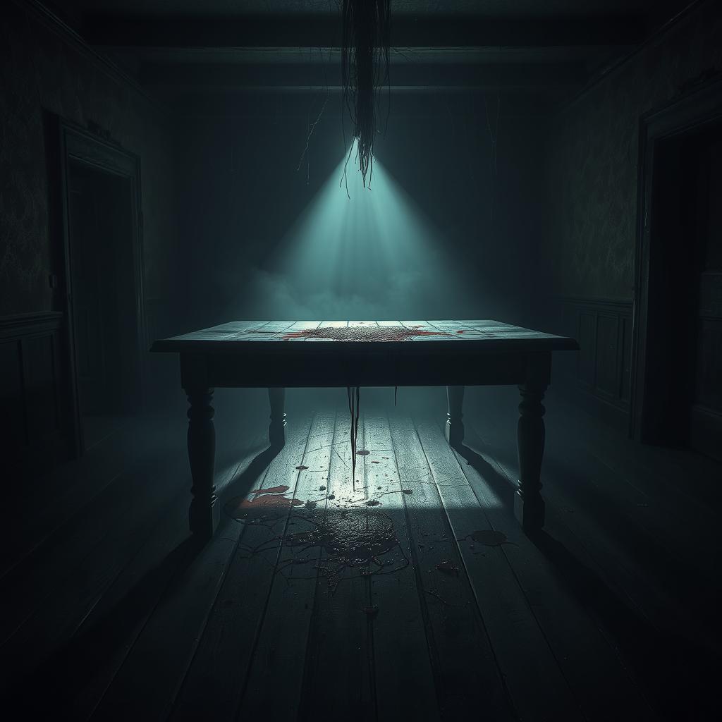 A mysterious house with a dark room dominated by an ancient wooden table at its center, illuminated by an unsettling glow