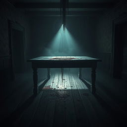 A mysterious house with a dark room dominated by an ancient wooden table at its center, illuminated by an unsettling glow