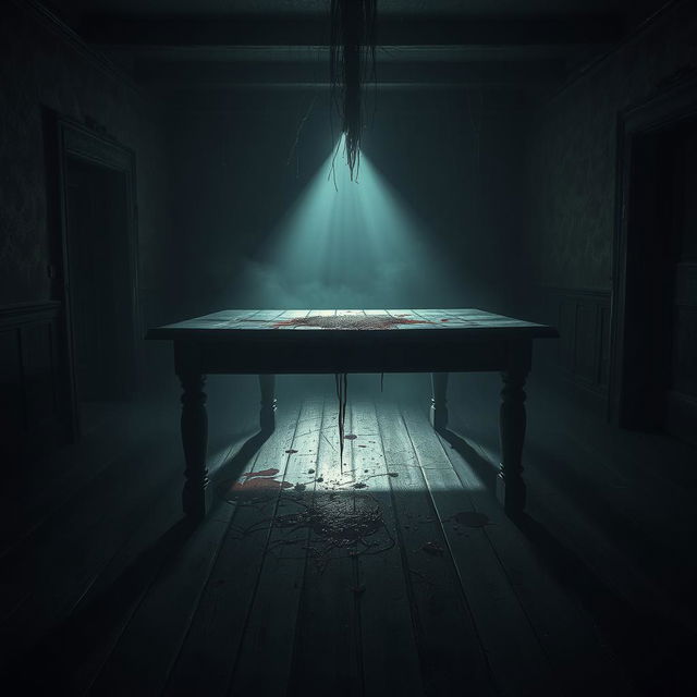 A mysterious house with a dark room dominated by an ancient wooden table at its center, illuminated by an unsettling glow