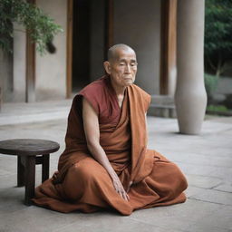 An elderly monk sitting in a meditative pose, unsupported by any chair, immersed in tranquility.