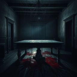 A mysterious house with a dark room dominated by an ancient wooden table at its center, illuminated by an unsettling glow