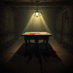 A mysterious house with a dark room dominated by an ancient wooden table at its center, illuminated by an unsettling glow