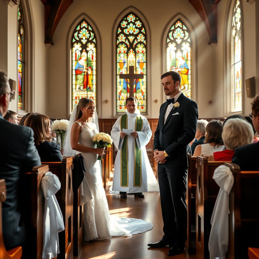 A Christian wedding scene in a beautiful church with stained glass windows and traditional wooden pews