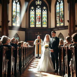 A Christian wedding scene in a beautiful church with stained glass windows and traditional wooden pews