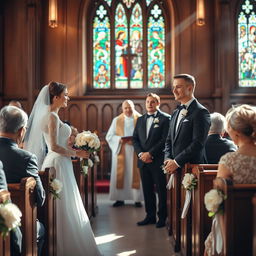 A Christian wedding scene in a beautiful church with stained glass windows and traditional wooden pews