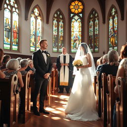 A Christian wedding scene in a beautiful church with stained glass windows and traditional wooden pews