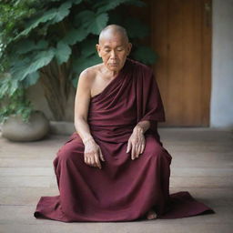 An elderly monk sitting in a meditative pose, unsupported by any chair, immersed in tranquility.