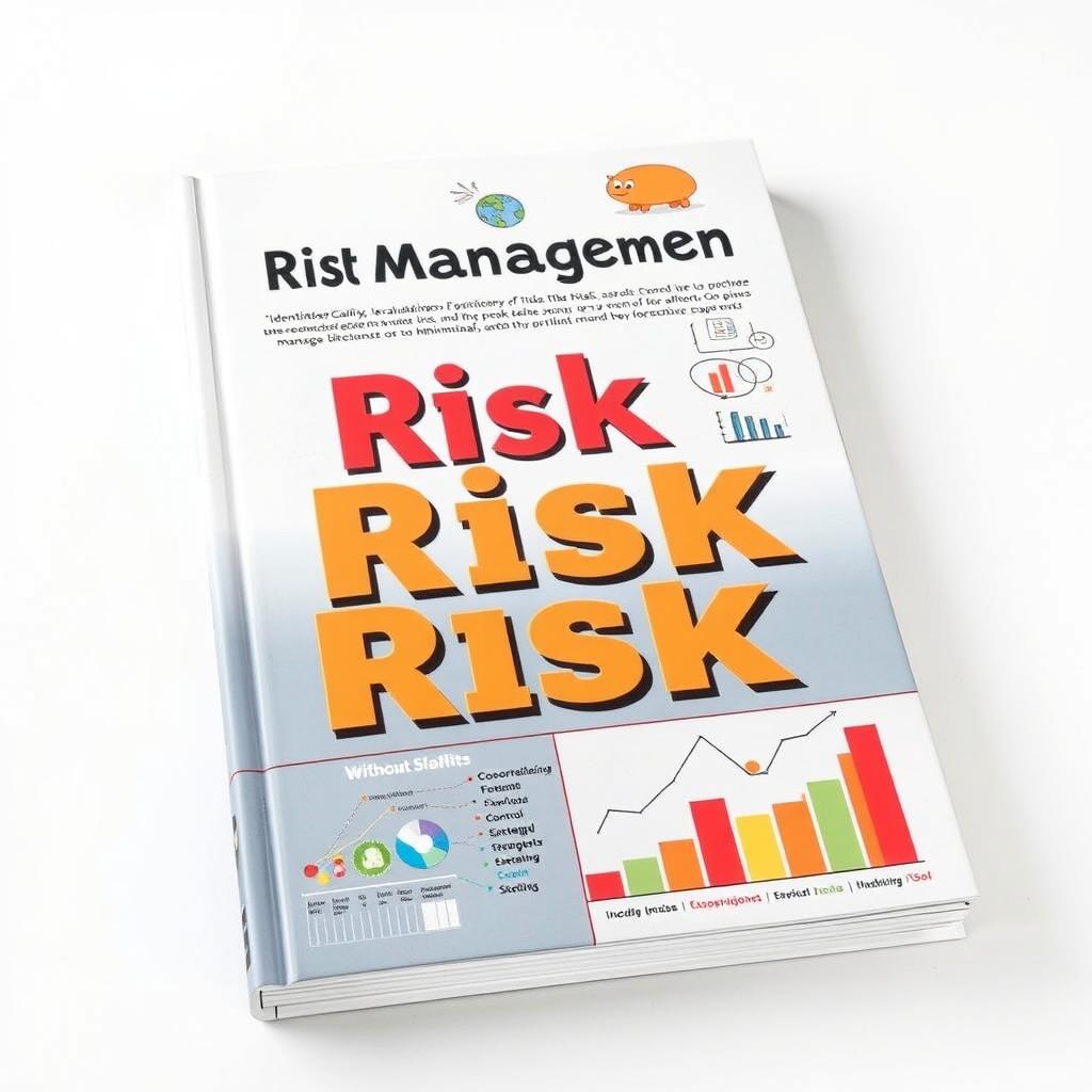 A book cover featuring illustrations depicting the concept of risk management, with visual elements such as charts and graphs