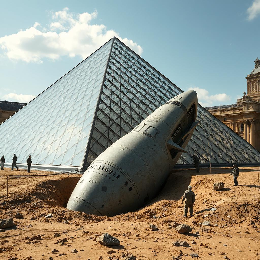 The Louvre Pyramid in Paris, set amidst a fascinating archaeological excavation where an alien spaceship is partially unearthed from the ground