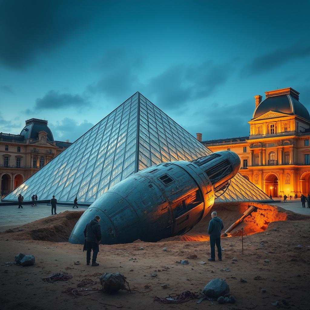 The Louvre Pyramid in Paris, set amidst a fascinating archaeological excavation where an alien spaceship is partially unearthed from the ground