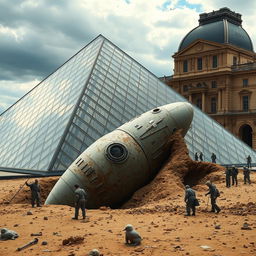 The Louvre Pyramid in Paris, set amidst a fascinating archaeological excavation where an alien spaceship is partially unearthed from the ground