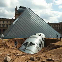 The Louvre Pyramid in Paris, set amidst a fascinating archaeological excavation where an alien spaceship is partially unearthed from the ground