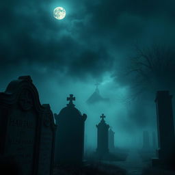 A cinematic poster depicting a mysterious night scene in a cemetery shrouded in dense fog
