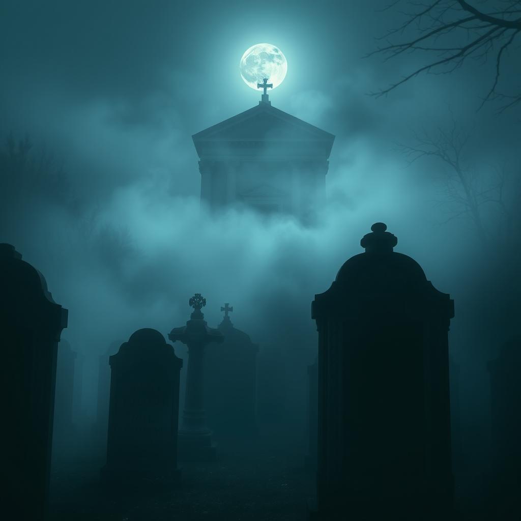 A cinematic poster depicting a mysterious night scene in a cemetery shrouded in dense fog