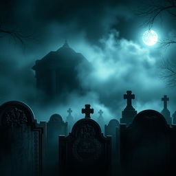 A cinematic poster depicting a mysterious night scene in a cemetery shrouded in dense fog