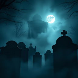 A cinematic poster depicting a mysterious night scene in a cemetery shrouded in dense fog