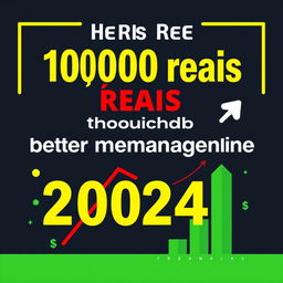 An eye-catching YouTube thumbnail for a video about reaching 10,000 reais through better management of binary options in 2024