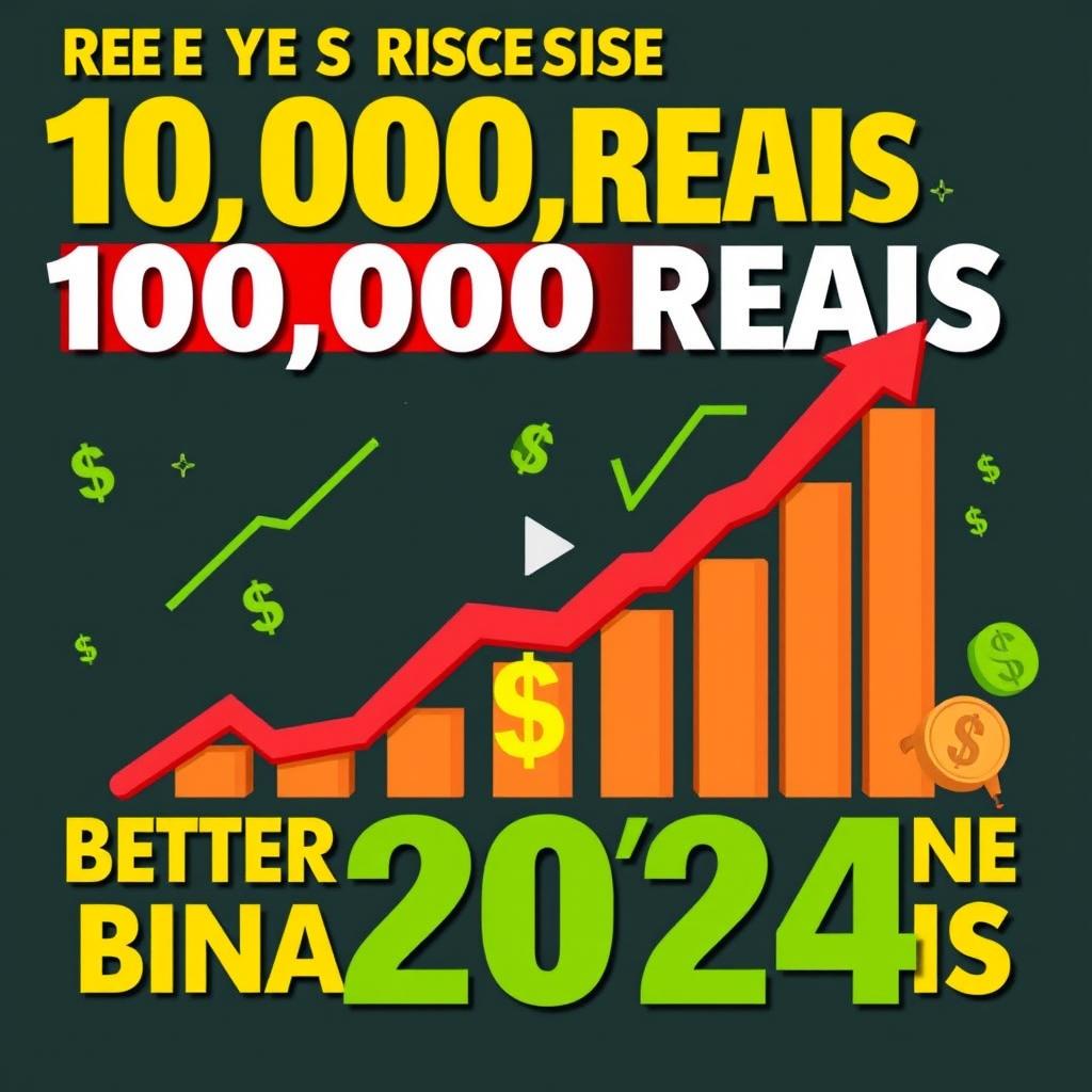 An eye-catching YouTube thumbnail for a video about reaching 10,000 reais through better management of binary options in 2024