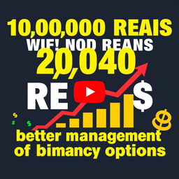 An eye-catching YouTube thumbnail for a video about reaching 10,000 reais through better management of binary options in 2024