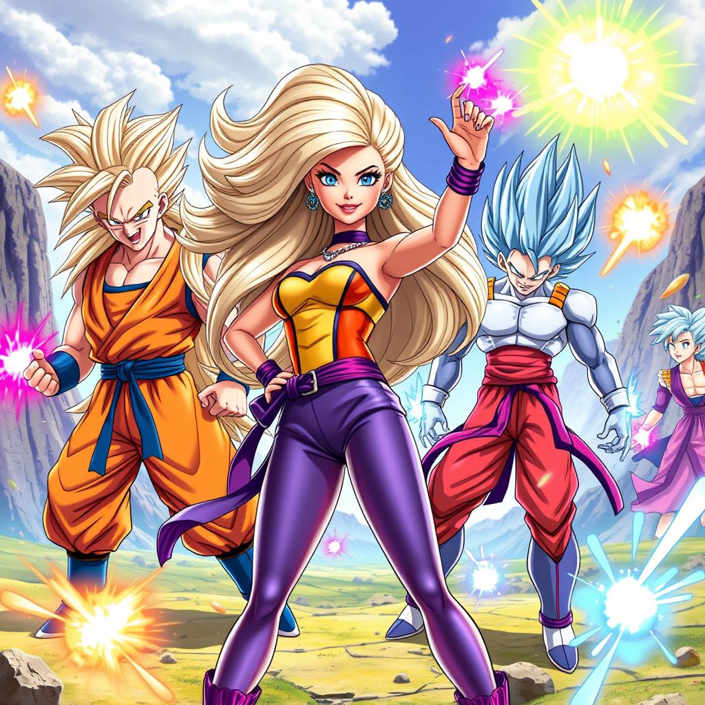 A vibrant and imaginative crossover featuring Barbie and Dragon Ball characters