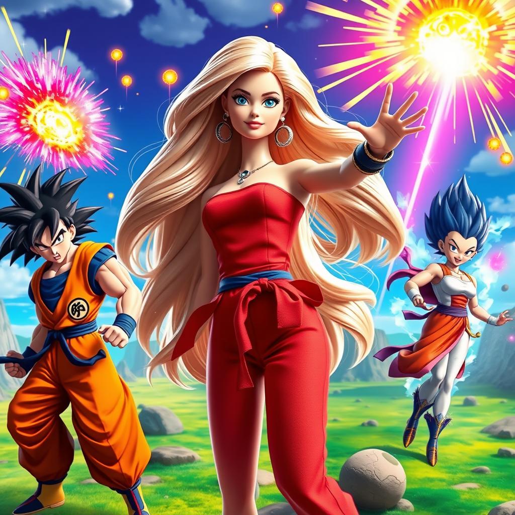 A vibrant and imaginative crossover featuring Barbie and Dragon Ball characters