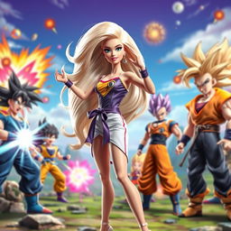 A vibrant and imaginative crossover featuring Barbie and Dragon Ball characters