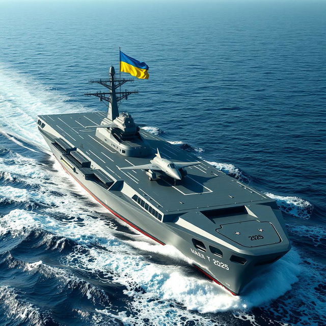 The year is 2025, and a futuristic Ukrainian aircraft carrier is sailing through the Black Sea