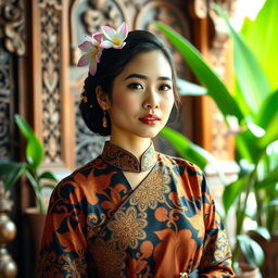 A traditional Javanese woman dressed in elegant kebaya, showcasing intricate Javanese batik patterns