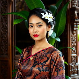 A traditional Javanese woman dressed in elegant kebaya, showcasing intricate Javanese batik patterns