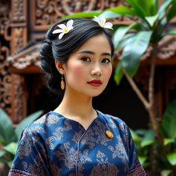 A traditional Javanese woman dressed in elegant kebaya, showcasing intricate Javanese batik patterns