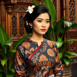 A traditional Javanese woman dressed in elegant kebaya, showcasing intricate Javanese batik patterns