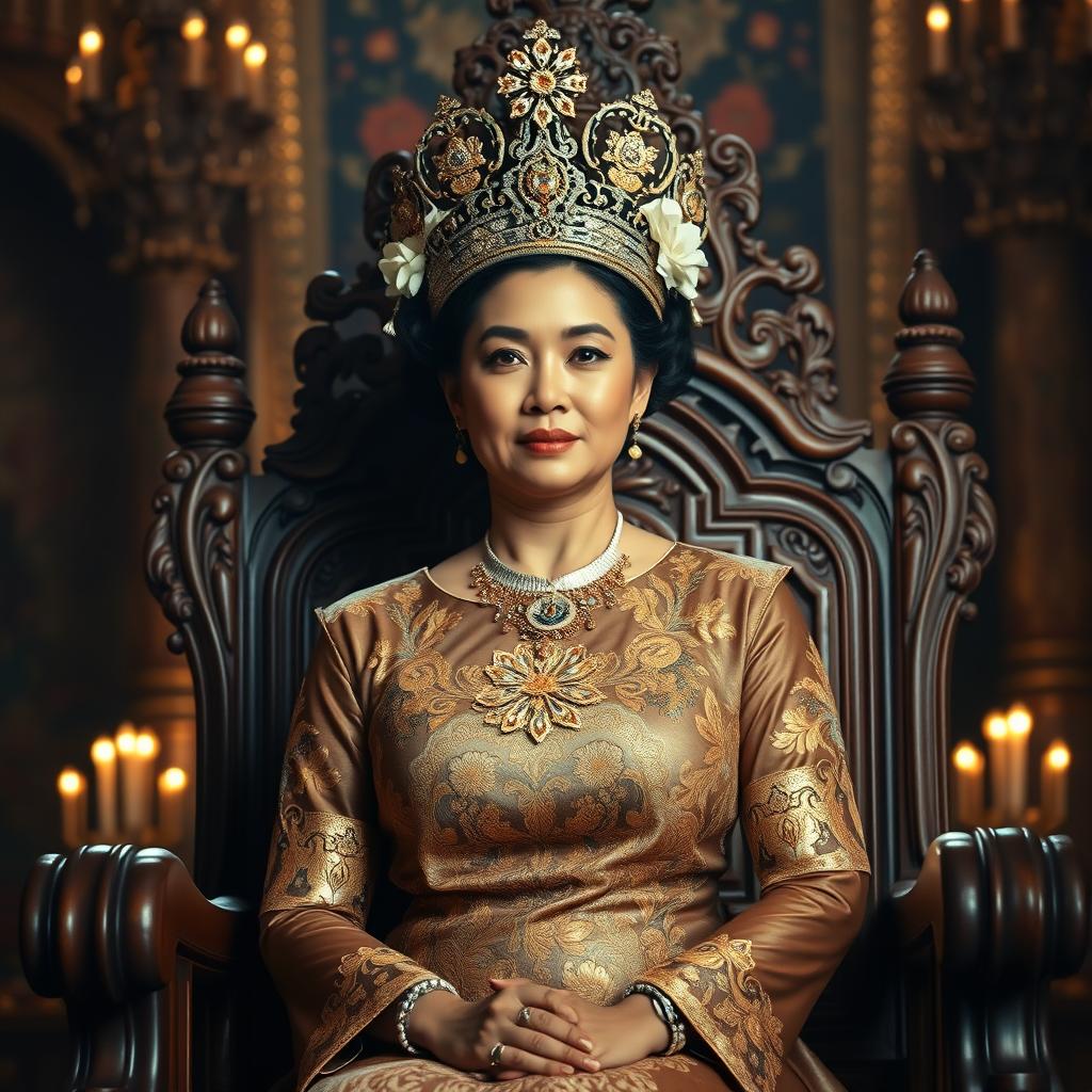 A majestic Javanese queen in royal attire, seated on a beautifully carved wooden throne