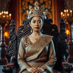 A majestic Javanese queen in royal attire, seated on a beautifully carved wooden throne