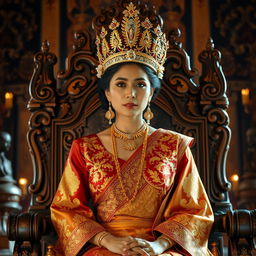 A majestic Javanese queen in royal attire, seated on a beautifully carved wooden throne