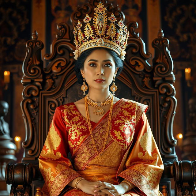 A majestic Javanese queen in royal attire, seated on a beautifully carved wooden throne