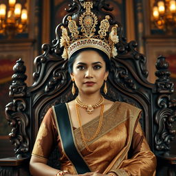 A majestic Javanese queen in royal attire, seated on a beautifully carved wooden throne