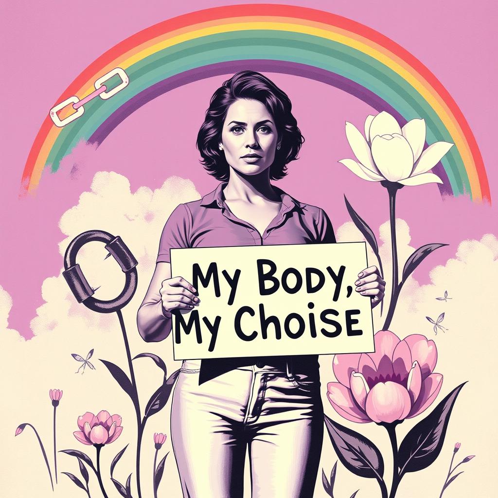 A powerful pro-abortion poster featuring a woman standing confidently with a determined look, surrounded by symbols of choice and empowerment