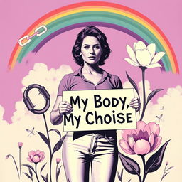 A powerful pro-abortion poster featuring a woman standing confidently with a determined look, surrounded by symbols of choice and empowerment