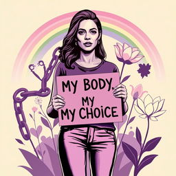 A powerful pro-abortion poster featuring a woman standing confidently with a determined look, surrounded by symbols of choice and empowerment