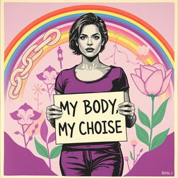 A powerful pro-abortion poster featuring a woman standing confidently with a determined look, surrounded by symbols of choice and empowerment